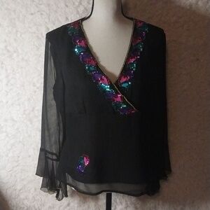 SILKLAND Women Silk Sequin Tunic Blouse Top Black Multicolor Sheer Sleeve Size M